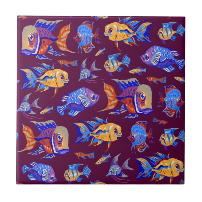 Carreau Des poissons tropicaux amusants sur le violet fonc (Devant)