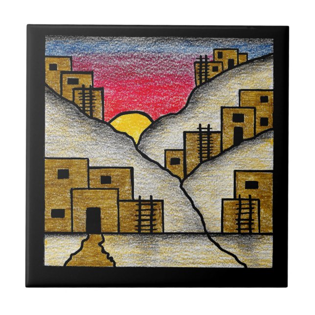 Carreau Desert Southwest Adobe Village Folk Art (Devant)