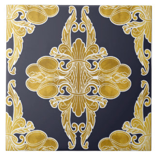 Carreau Design de luxe, motif floral, bleu marine, or