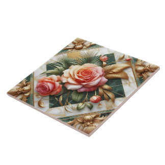 Carreau Design Floral Rose Élégant Avec Accents Or