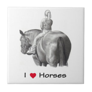 Carreau Dessin au crayon : J'aime des chevaux : Fille sur