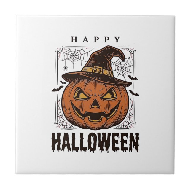 Carreau Dessin de gravure de citrouille joyeux Halloween v (Devant)