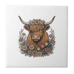 Carreau Dessin de gravure vintage de vache highland floral