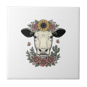Carreau Dessin de tête de vache florale gravure vintage_1