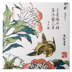 Carreau Dessin japonais vintage, pivoines et moineau