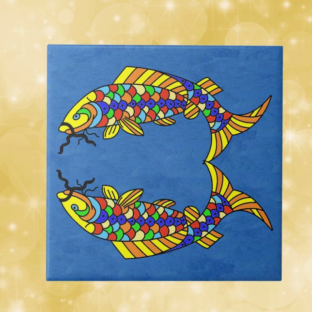 Carreau Deux Bright Abstrait Fancy fish sur Deep Blue (Two fancy fish with scales in  bright bold multiple colours on dark blue decorative ceramic tile.)