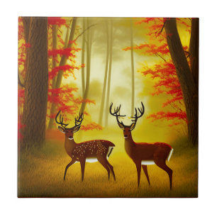 Carreau Deux cerfs dans une forêt d'automne / Bois