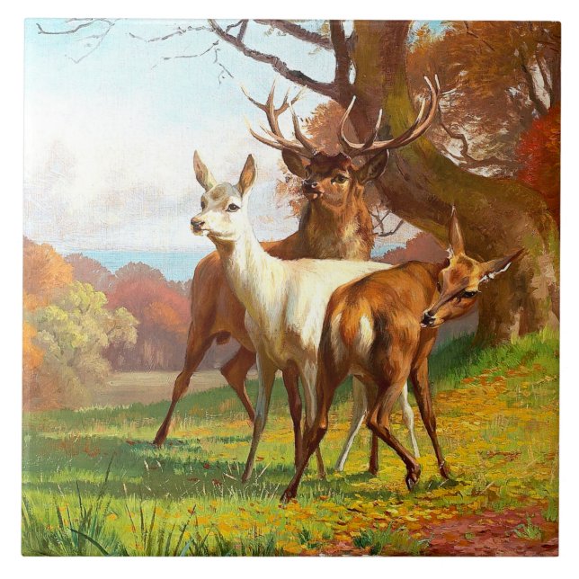 Carreau Deux Cerfs Rouges Et Blancs Dans La Forêt (Devant)