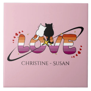 Carreau Deux chats amoureux Drapeau lesbien coucher de sol