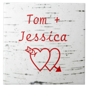 Carreau Deux coeurs sur un tronc de bouleau