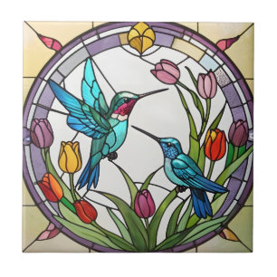 Carreau Deux Hummingbirds et Fleurs de tulipe en verre ten
