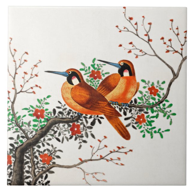 Carreau Deux oiseaux sur une branche de floraison (Devant)