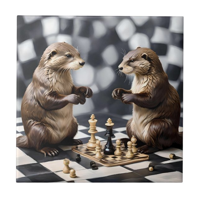 Carreau Deux Otters Jouant Aux Échecs, (Devant)