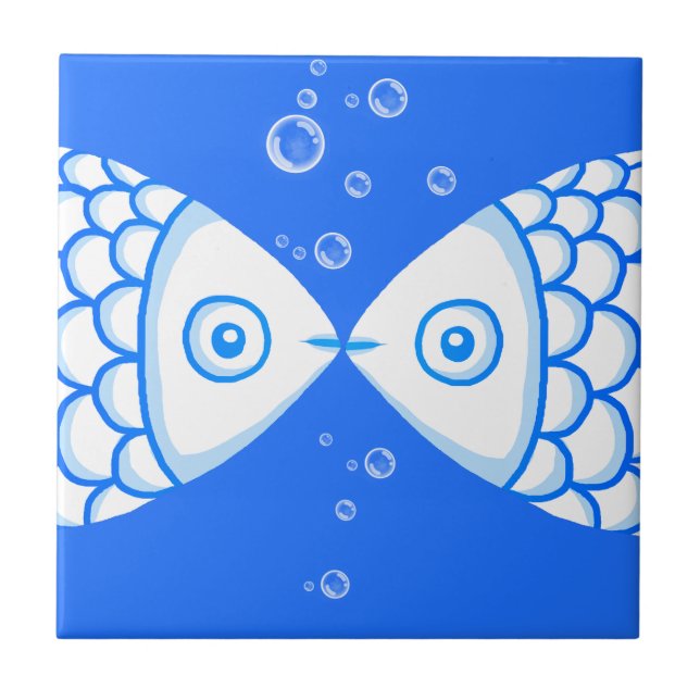 Carreau Deux Poissons Bleu Blanc Abstrait Motif (Devant)