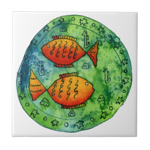 Carreau Deux poissons rouges aquarelle vie marine sous-mar