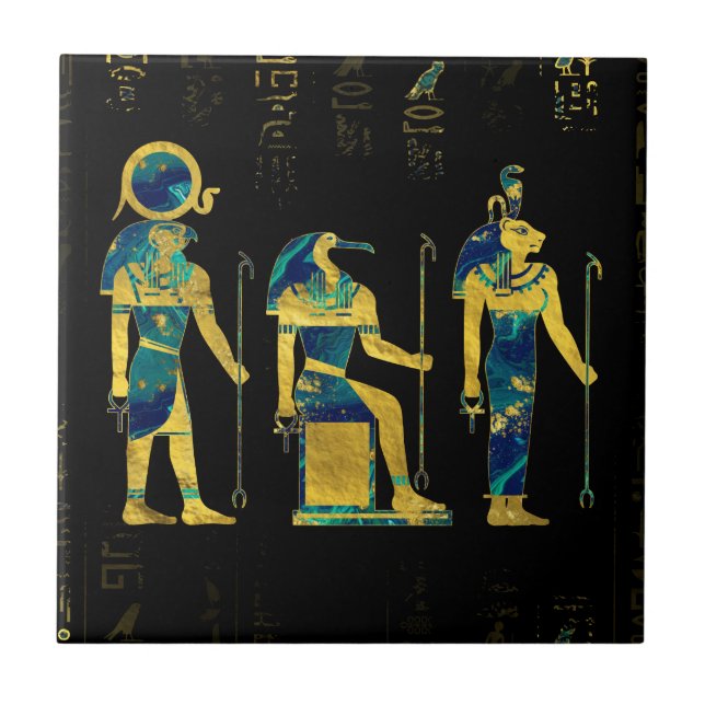 Carreau Divinités égyptiennes sur des hiéroglyphes or et (Devant)