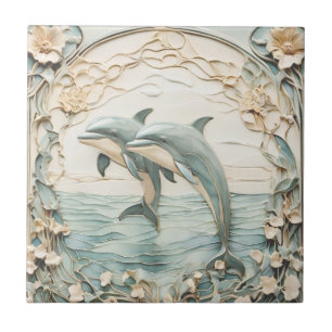 Carreau Dolphin Couple Art Nouveau Faux Relief 2 Dauphins