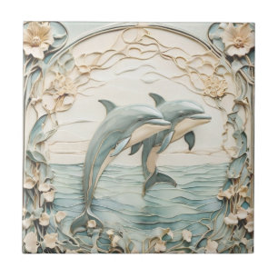Carreau Dolphin Couple Art Nouveau Faux Relief Mint Bleu