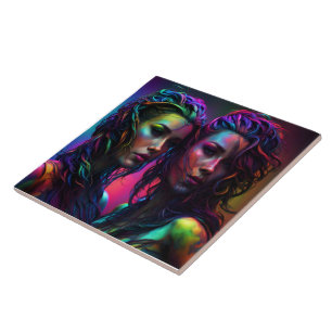 Carreau Double portrait coloré de femmes avec cheveux bouc