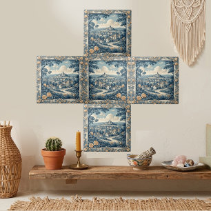 Carreau Douce Toile Française Bleue Fleurs Beige Cottageco