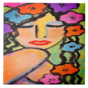 Carreau Douche à fleurs Portrait Abstrait d'une femme