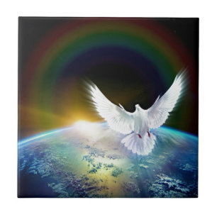 Carreau Dove of peace holy spirit over earth with Rainbow.
