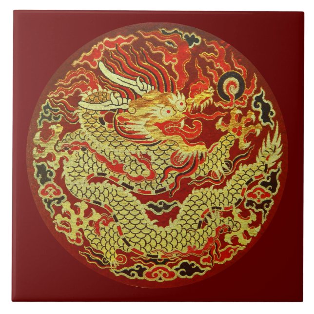 Carreau Dragon asiatique d'or brodé sur rouge foncé (Devant)