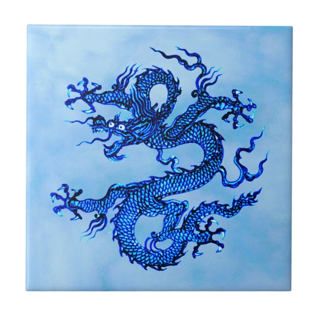 Carreau Dragon chinois, Indigo et Pastel Blue Ceramic Ti (Devant)