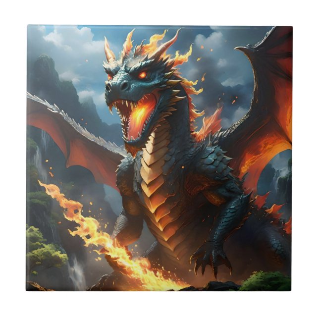Carreau Dragon de respiration par le feu effrayant, (Devant)