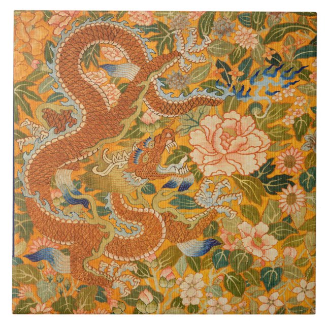 Carreau DRAGON PARMI LES PÉONIES, FLEURS, Floral FEUILLE V (Devant)