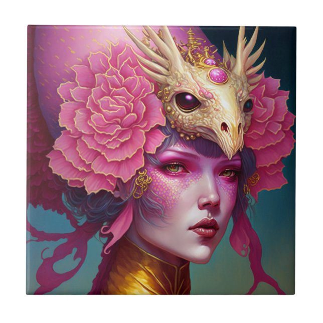 Carreau Dragon rose Crâne Femme Imaginaire Art (Devant)