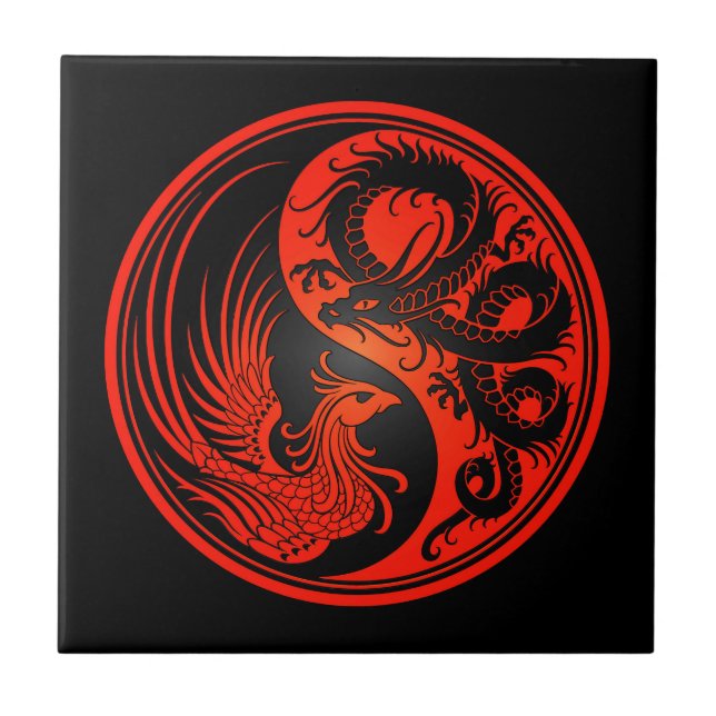 Carreau Dragon rouge et noir Phoenix Yin Yang (Devant)