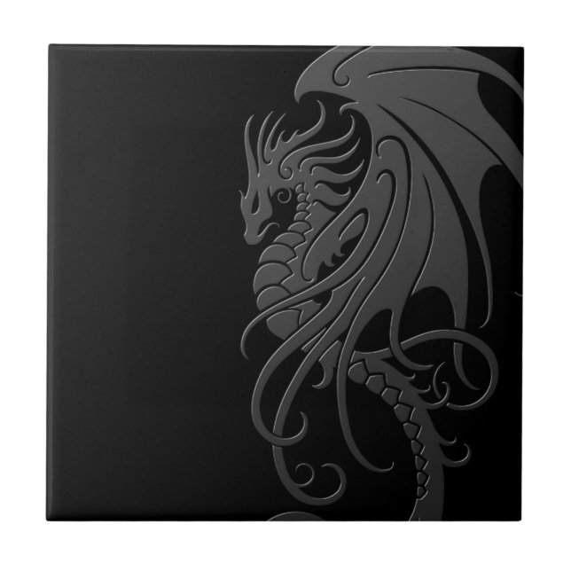 Carreau Dragon tribal de vol - gris sur le noir (Devant)