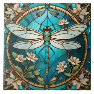 Carreau Dragonfly Art Nouveau Déco Aqua Bleu Vitrail