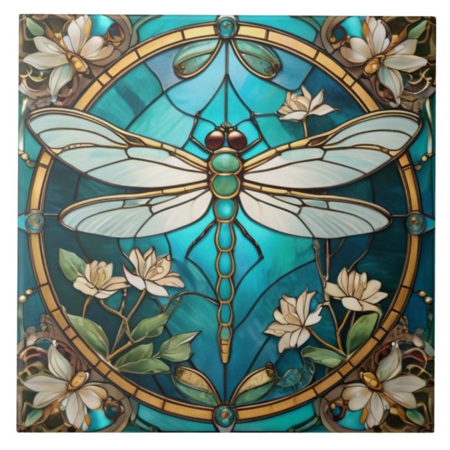 Carreau Dragonfly Art Nouveau Déco Aqua Bleu Vitrail (Devant)