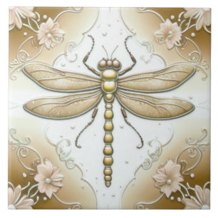 Carreau Dragonfly Gold et White Flower Art Tan Brown