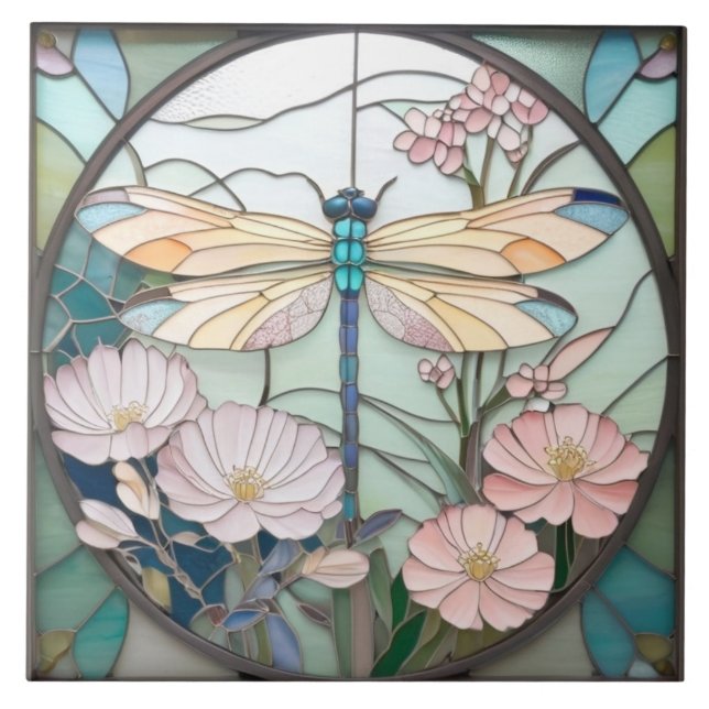 Carreau Dragonfly japonaise en verre verni Art déco Nouvea (Devant)