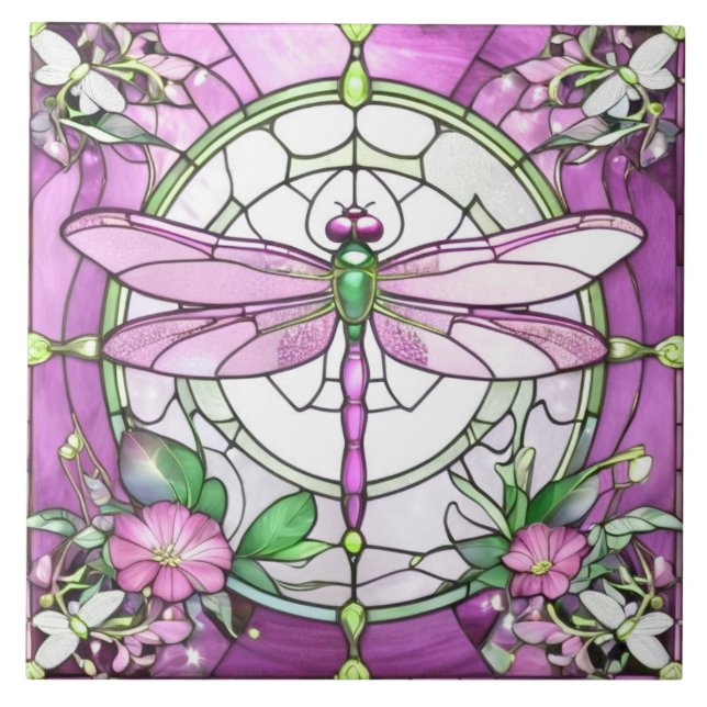 Carreau Dragonfly Magenta Rose and White Staned Glass (Devant)