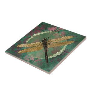 Carreau Dragonfly sur Green With Rhinestones