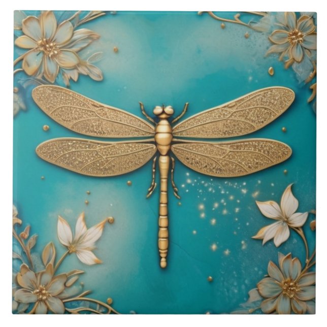 Carreau Dragonfly Turquoise Turquoise & Gold Faux Relief A (Devant)