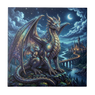Carreau Dragons célestes père et fils au clair de lune  