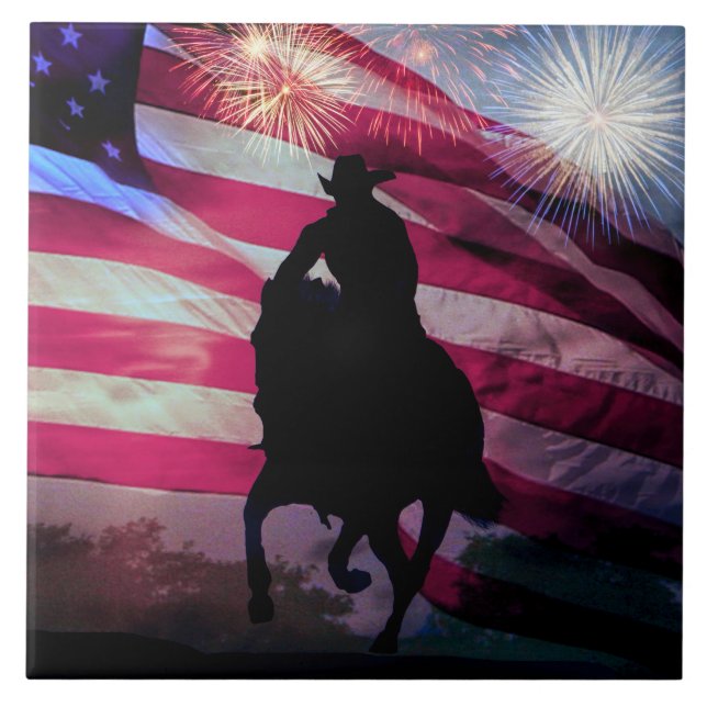 Carreau Drapeau américain Cowboy et feux d'artifice (Devant)