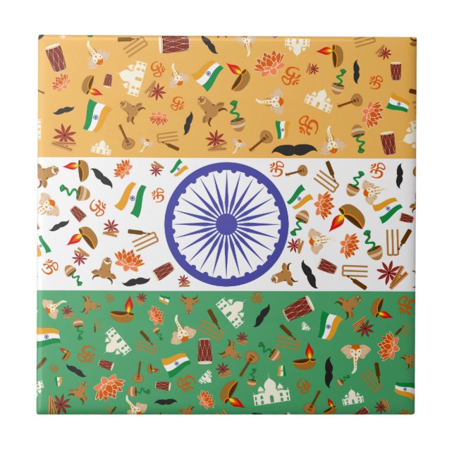 Carreau Drapeau de l'Inde avec des objets culturels (Devant)