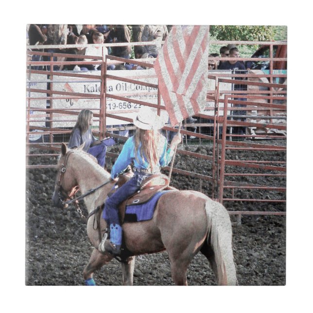 Carreau Drapeau de rodéo Cheval et Cowgirl (Devant)