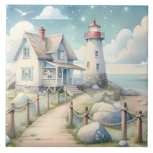 Carreau Dreamy Pastel Lighthouse by the Sea