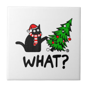 Carreau Drôle cadeau de chat noir Poussant l'arbre de Noël