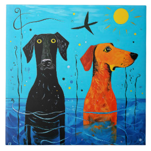 Carreau "Duo aquatique de la joie" - Chiens surréalistes e