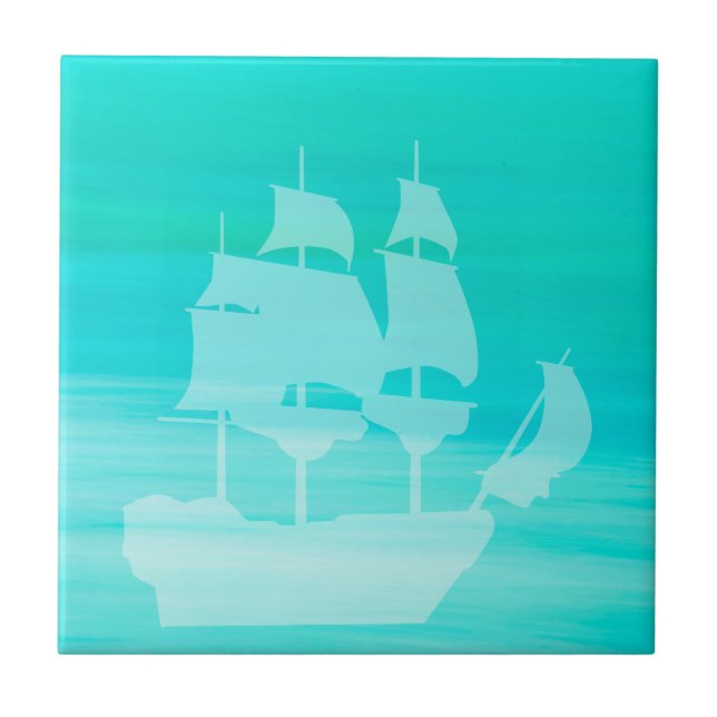 Carreau Eau de mer Aquamarine avec vieux voilier (Devant)