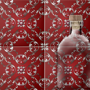Carreau Écarpe victorienne opulente Rouges et Argent