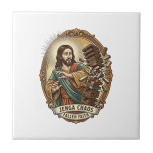 Carreau Échec de Jésus écrasant la tour de Jenga de la fêt
